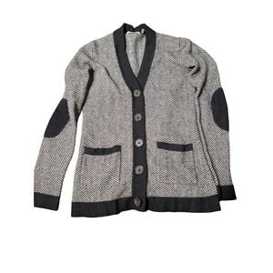 Minnie Rose 100% Cashmere Cardigan Sweater Elbow Patches Black White Sz S A4